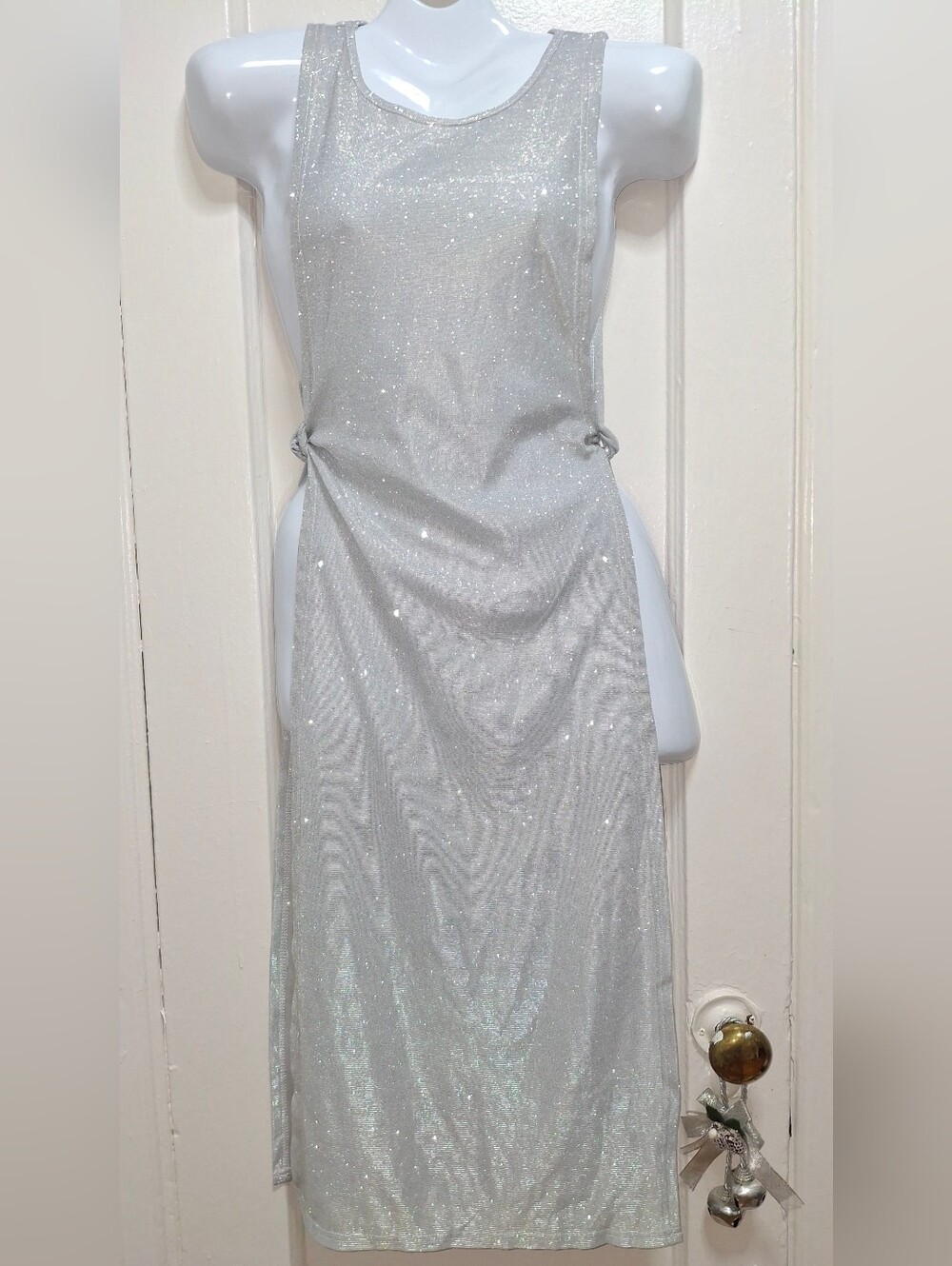 Silver Glitter Swimsuit Cover Up Maxi Dress Side Slit Size Medium